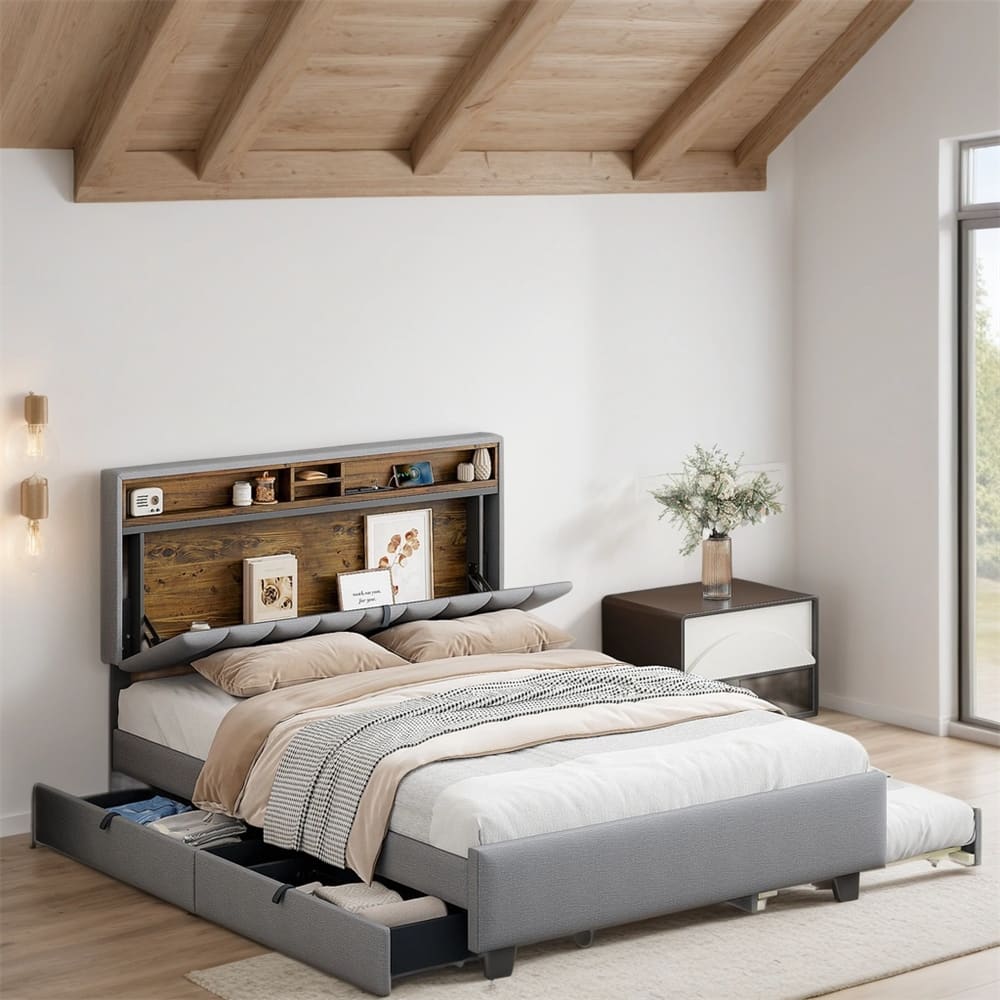 Queen Size Linen Upholstered Platform Bed with Trundle and USB Ports