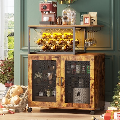 Bar Cart with Charge Station and LED Light, Rolling Home Bar Liquor Cabinet with Wine Holder - 31.5'' W