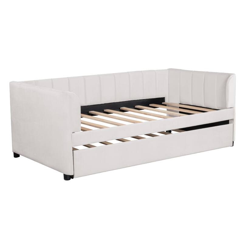 Twin Size Daybed Velvet Upholstered Sofa Bed with Trundle, Wood Platform Slat Support Bed Frame, Striped Tufted Backrest,Beige