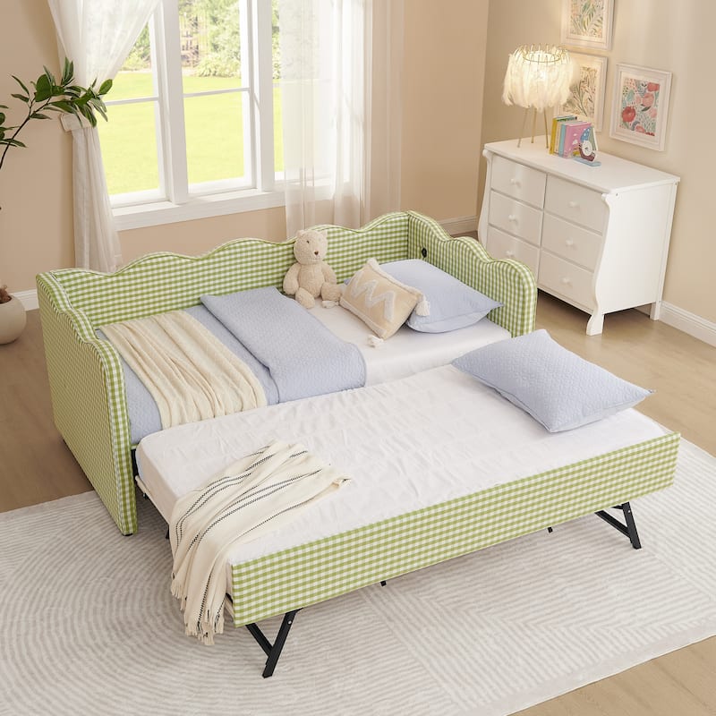Linen Fabric Gingham Daybed with Trundle, Twin Size Sofa Bed with USB Port and Adorable Wave Shaped Headboard
