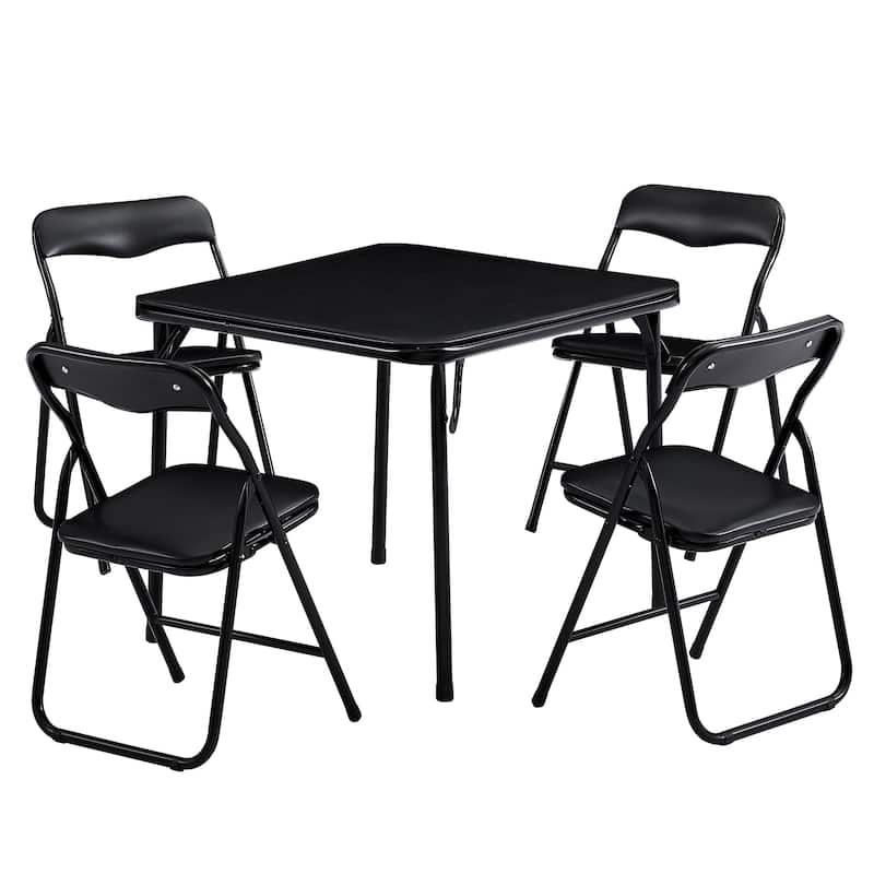 VECELO 5 Pcs Kids Folding Activity Table and Chairs Set, Portable, with Ultra Soft PU Padded Cushion, Matte Black
