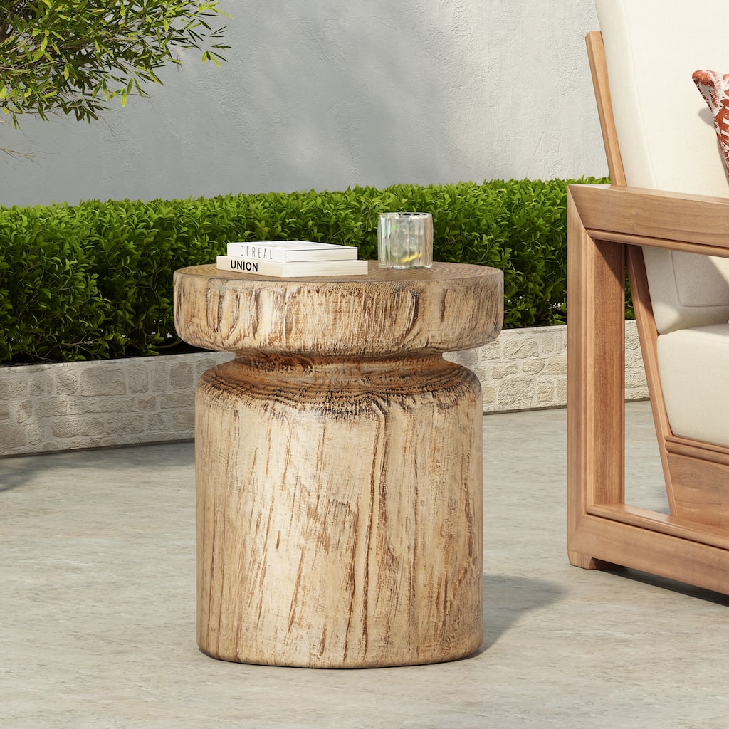 Christopher Knight Home - Terra Rustic Tree-Stump Lightweight Concrete Side Table in Natural Wood Grain - 17"W x 17"D x 14.6"H