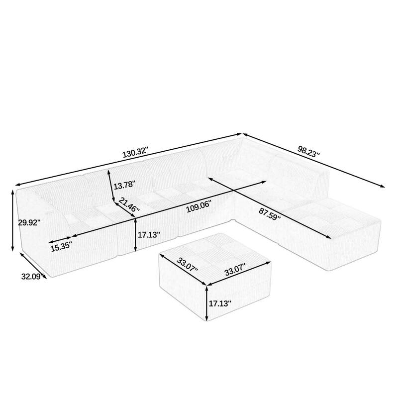 130.32" L-shaped Minimalist Comfy Compressed Modular Sectional Sofa with Square Armrests