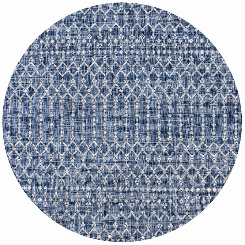 JONATHAN Y Trebol Moroccan Geometric Textured Weave Indoor/Outdoor Area Rug - 5'3" Round - Navy/Light Gray
