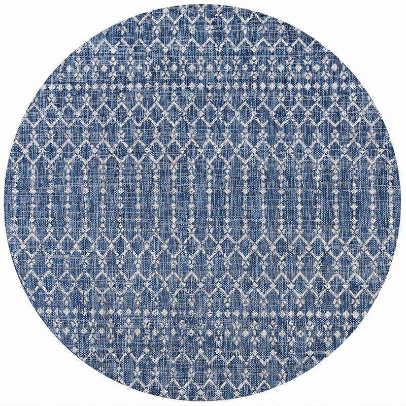 JONATHAN Y Trebol Moroccan Geometric Textured Weave Indoor/Outdoor Area Rug - 5'3" Round - Navy/Light Gray