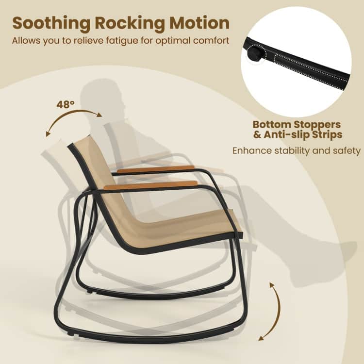 3 Piece Black-Brown Metal Fabric Patio Rocking Chairs with Table Storage - Chair: 29" x 24" x 29.5"