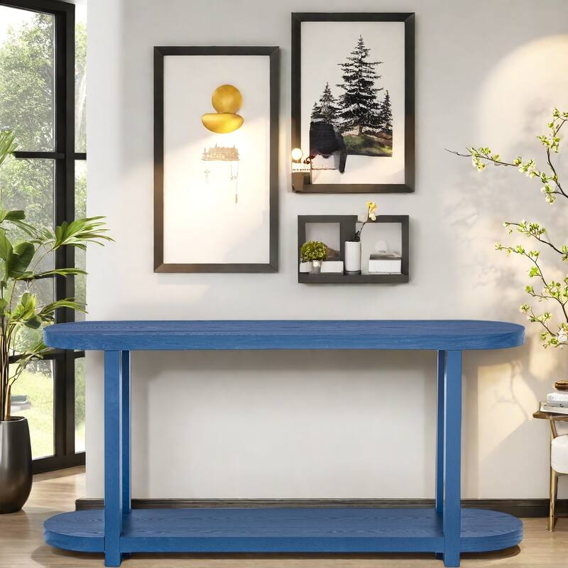 63" MDF Console Table with Oval Top and Ash Wood Veneer for Living Room - Navy Blue
