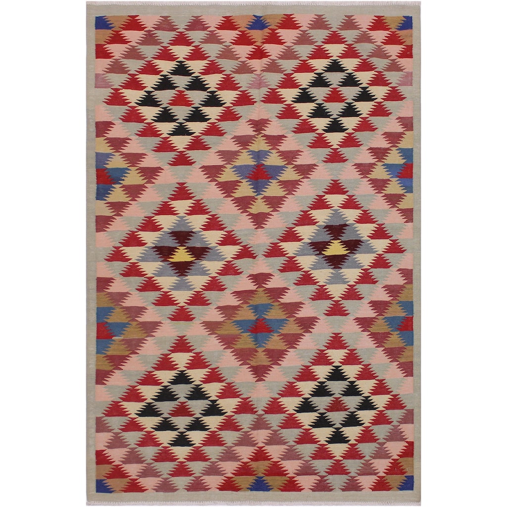 Chic Turkish Kilim Carmina Gray Pink Hand-Woven Wool Rug - 4'8'' x 6'5''