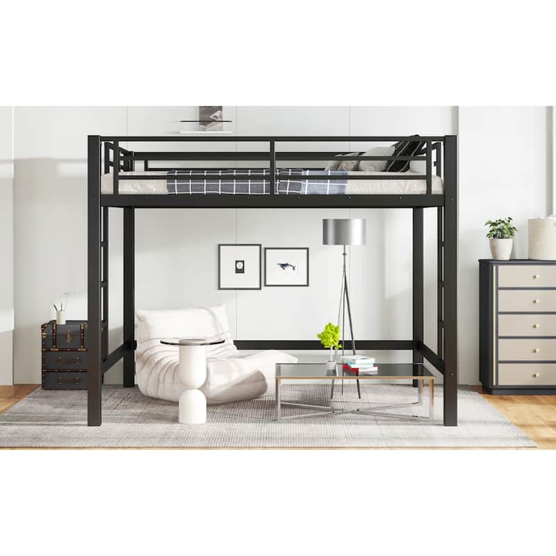 Roomfitters Metal Loft Bed with Dual Ladders, High Sleeper Frame with Under Bed Storage Space, Black