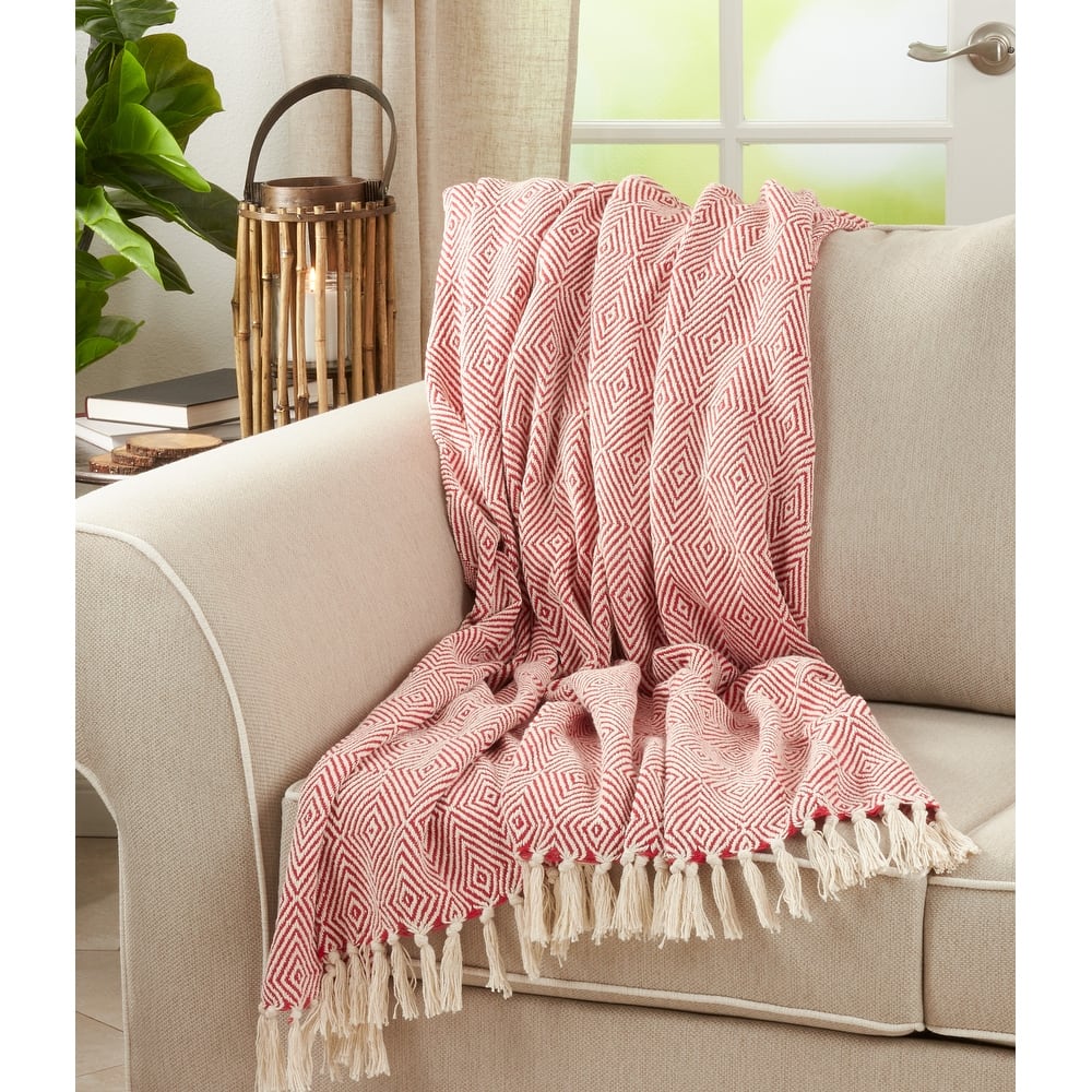 Cotton Throw Blanket with Diamond Weave Design