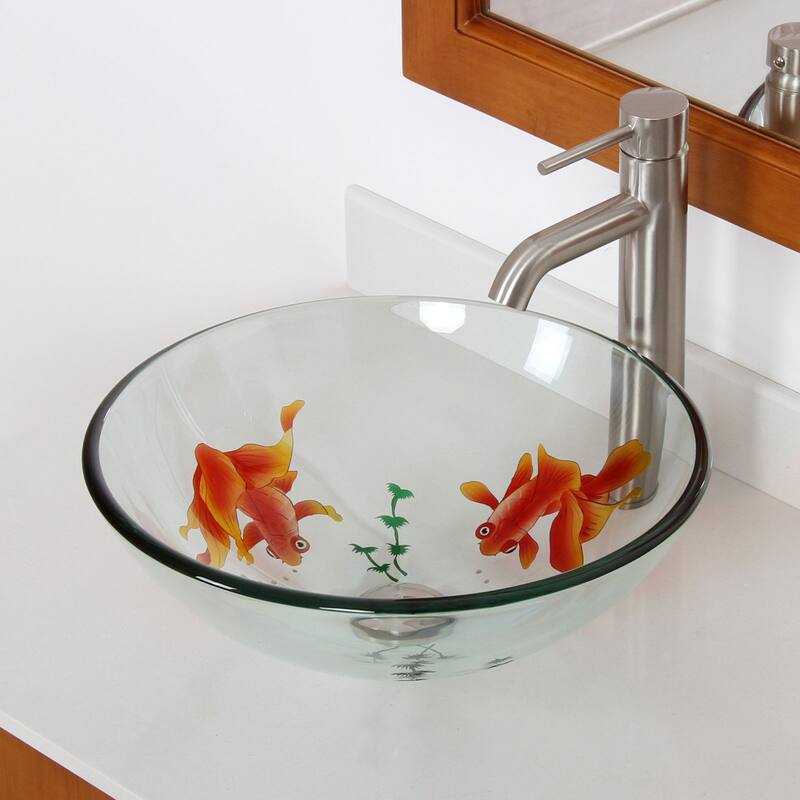 ELITE Bathroom Koi Fish Style Tempered Glass Vessel Sink & Chrome Single Lever Faucet Combo - Multi-Color