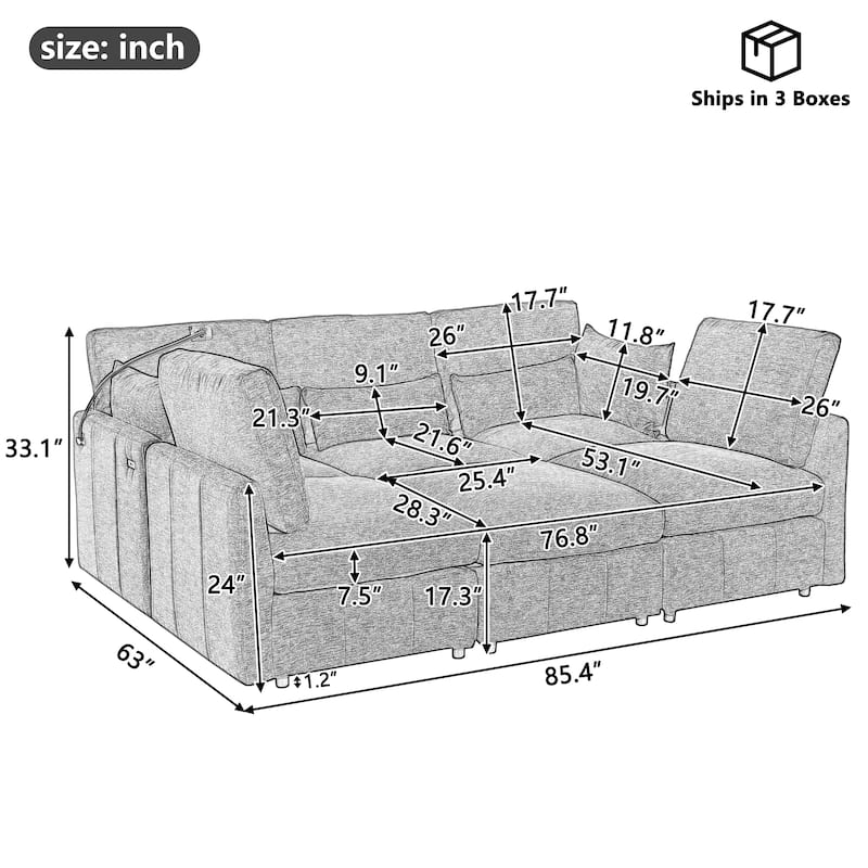 85.4" Modular Sectional Sofa with Movable Ottoman, USB Ports and Phone Holder, Chenille U-Shape Couch for Living Room