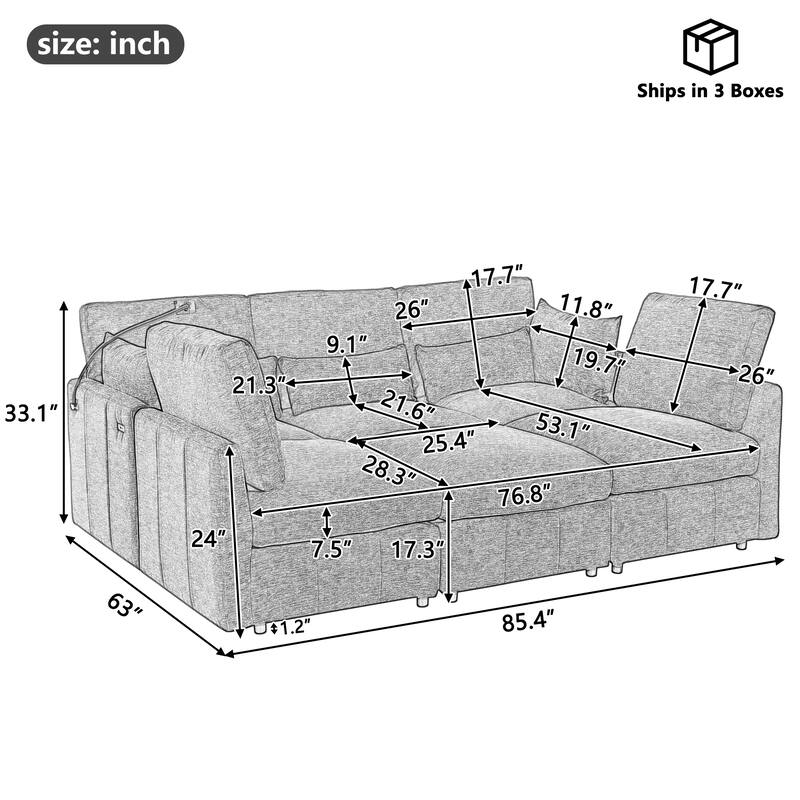 Modular Sectional Sofa with Movable Ottoman Convertible L-Shape or U-Shape Sofa Bed Built-in USB Charging Ports and Phone Holder
