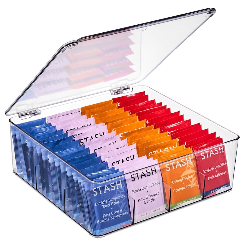 Sorbus Tea Bag Organizer, Stackable Tea Bag Storage Organizer with 12 Compartments and Hinged Lid - Set of 1 - Clear