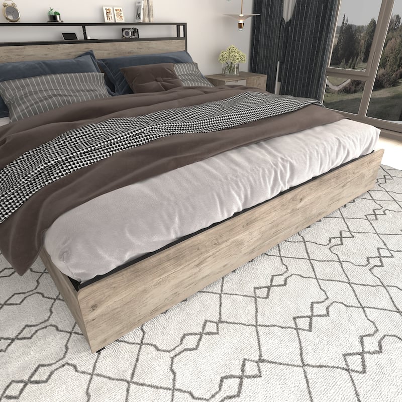 Metal Platform Bed Full Bed Frame with Storage Headboard, LED Lights & Charging Station, 4 Storage Drawers, Noise-Free,Gray Wash