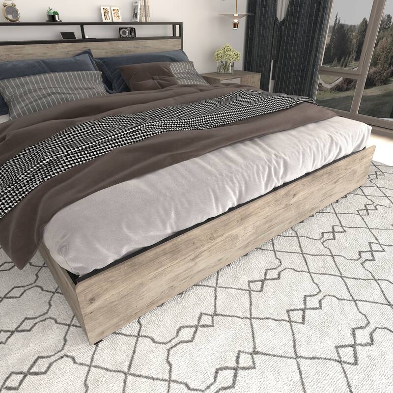 Queen Bed Frame with Storage Headboard, Charging Station, LED Lights, and Easy Assembly