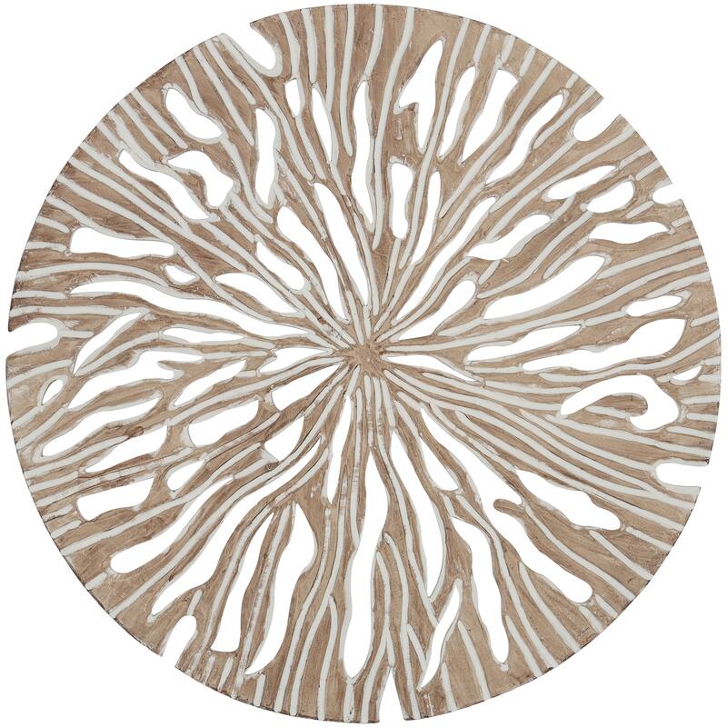 Beige Wood Handmade Intricately Carved Starburst Home Wall Decor with White Accents