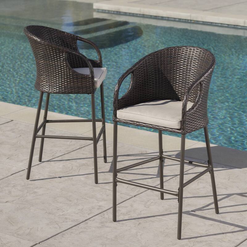 Outdoor 31" PE Rattan Barstools with Waterproof Cushions, Set of 2, Multibrown