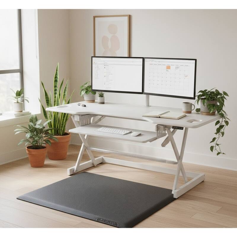 Rocelco 46 in. W White Height Adjustable Standing Desk Converter with Anti Fatigue Mat Triple Monitor Riser Keyboard Tray
