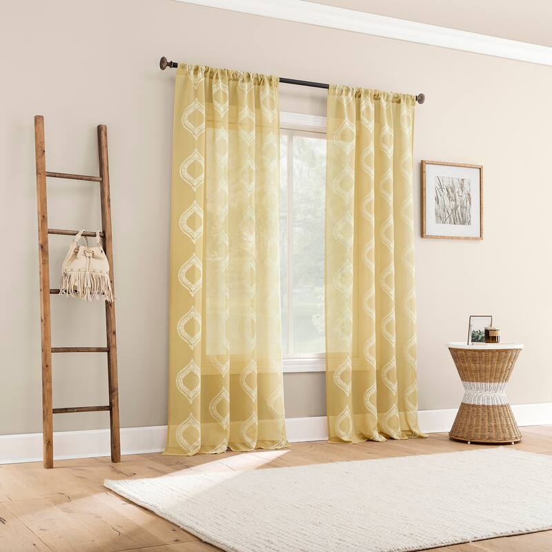 No. 918 Ravenna Embroidered Medallion Sheer Rod Pocket 1-Piece Curtain Panel, Single Panel