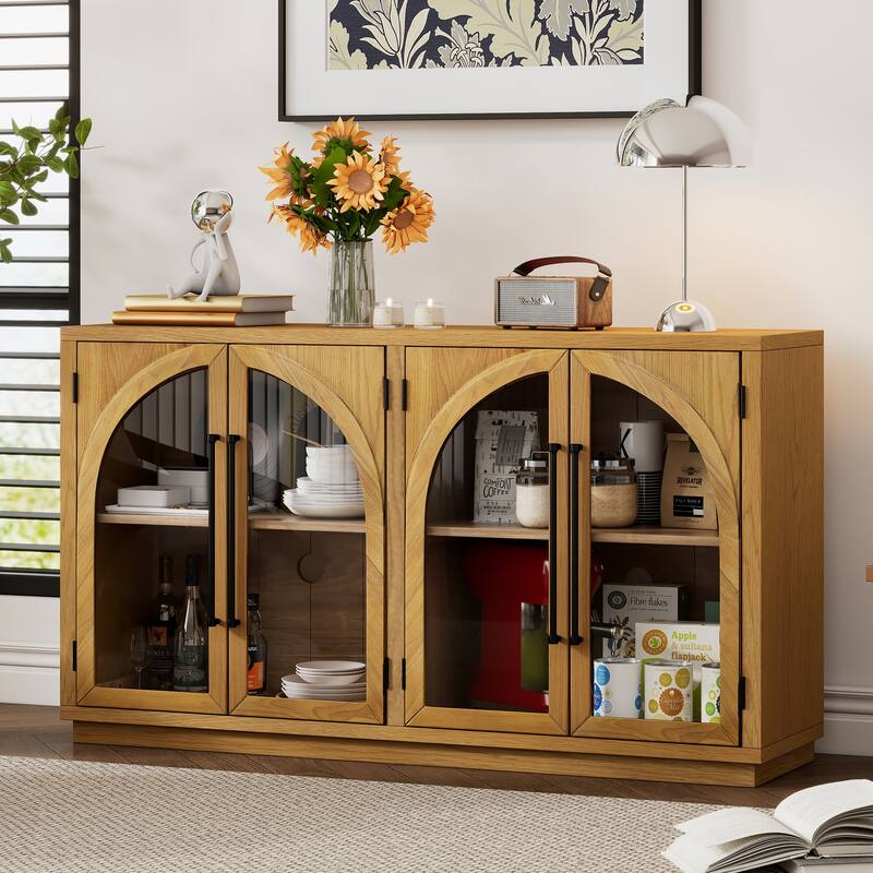 4-Door Large Storage Sideboard with Arched Glass Doors and Metal Handles, Wooden Buffet Storage Cabinet with Adjustable Shelves - Natural Wood