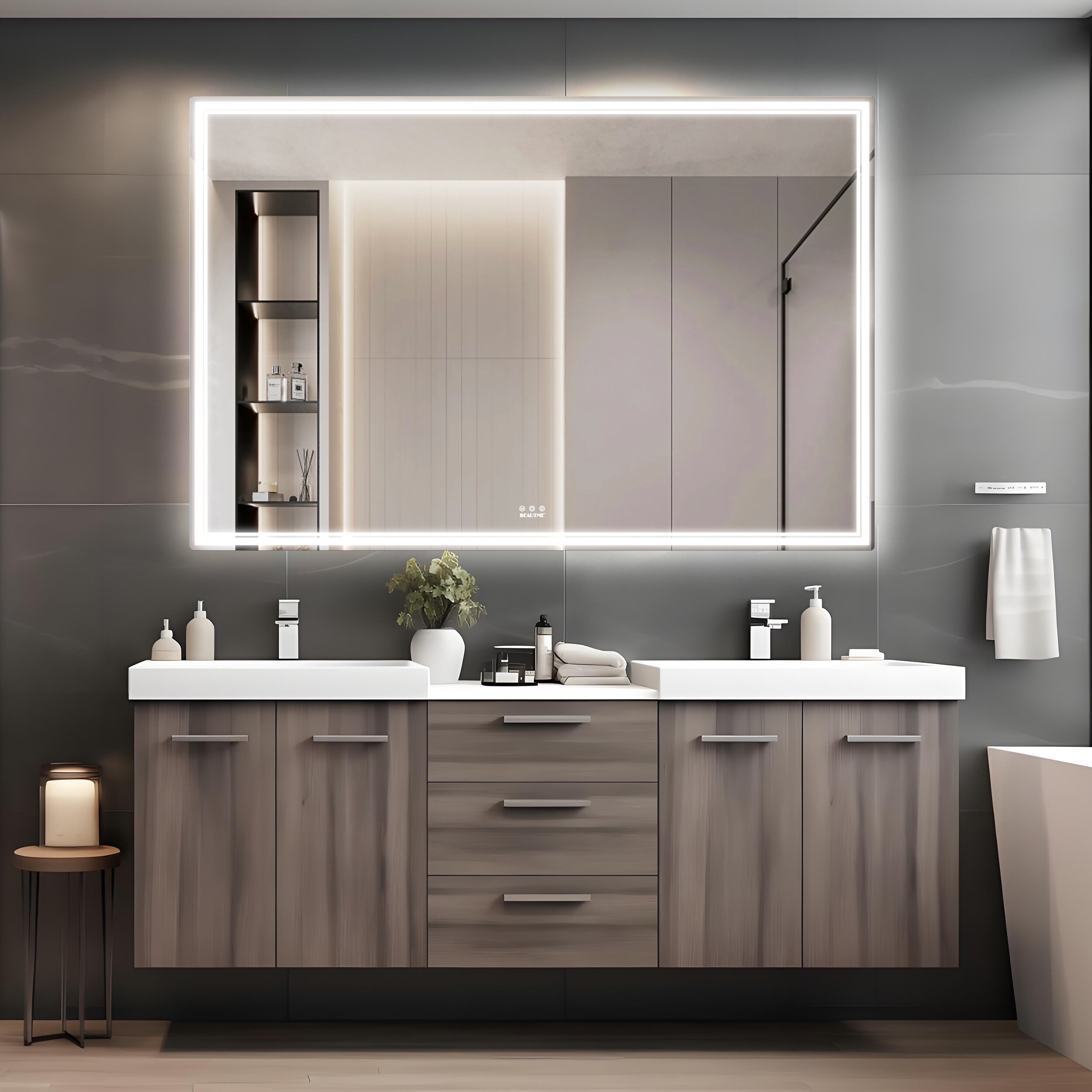 Large LED Wall-Mounted Bathroom Mirror, 60x40 Inches, Waterproof