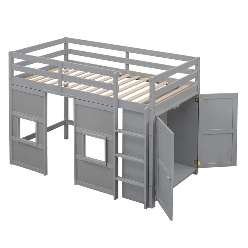 Wood Twin Size Loft Bed with Built-in Storage Wardrobe and 2 Windows w/Full-Length Guardrails, No Boxing Spring Needed