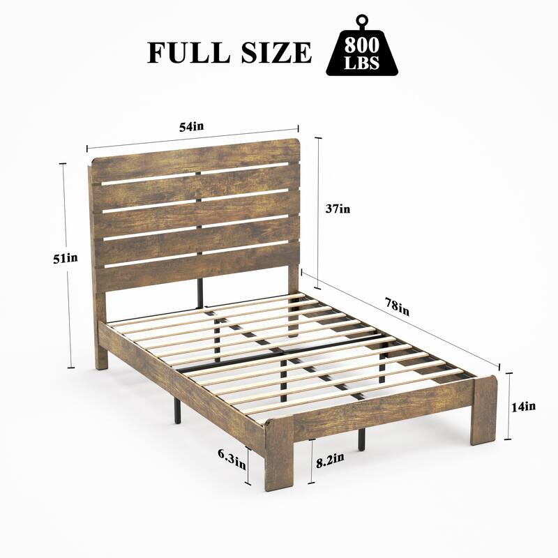 Wooden Bed Frame Full/Queen/King Size Platform Bed with Headboard and Wood Slats Support Mattress Foundation, Under Bed Storage