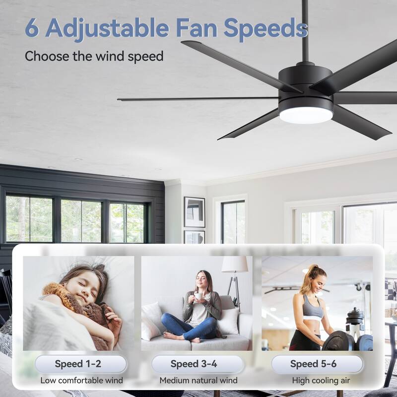 52"/ 65"/72" Black LED Ceiling Fan with Light Kit and Remote(5/8 Blade)