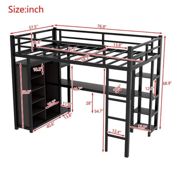 Metal Multi-functional Full Size Loft Bed with Desk,Shelves,Wardrobe,Kids and Baby