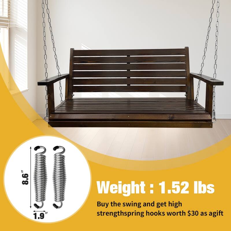 Wooden Porch Swing with Hanging Chains and 7mm Springs Heavy Duty 800 LBS for Outdoor Patio Garden Yard