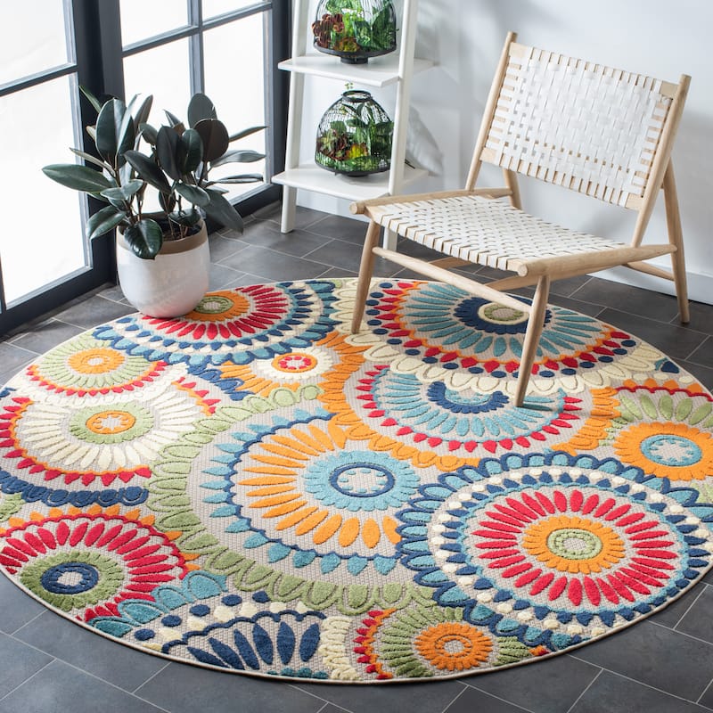 SAFAVIEH Cabana Mrinal Indoor/ Outdoor Waterproof Patio Floral Rug - 5'3" x 5'3" Square - Blue/Ivory