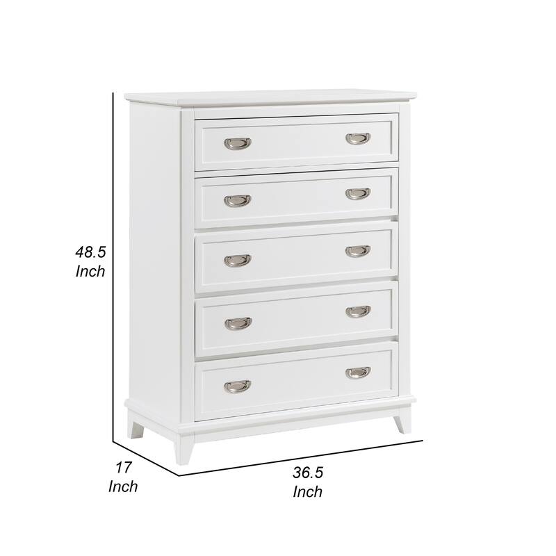Sely Tall Dresser Chest, 5 Drawers, White Wood, Nickel Ring Handles