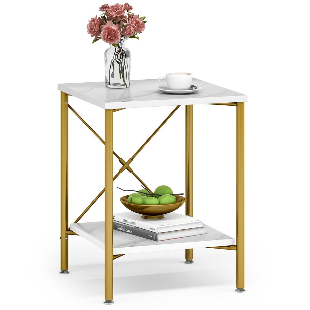 White Faux Marble End Table with Storage Shelves for Living Room