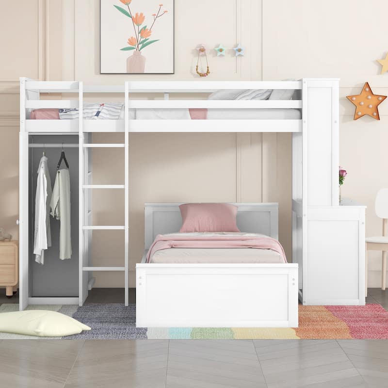Space-Saving Twin Loft Bed with Desk, Shelves, Wardrobe, and Additional Bed