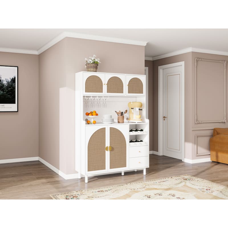 Roomfitters Accent Storage Cabinet with Rattan Doors, Buffet Sideboard with Wine Rack and Drawers, White