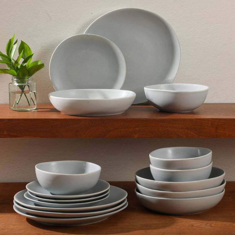 Gibson Elite Zion Mist 16 Piece Stoneware Reactive Glaze (Service for 4) Ceramic Plates and Bowls Modern Organic Dinnerware Set