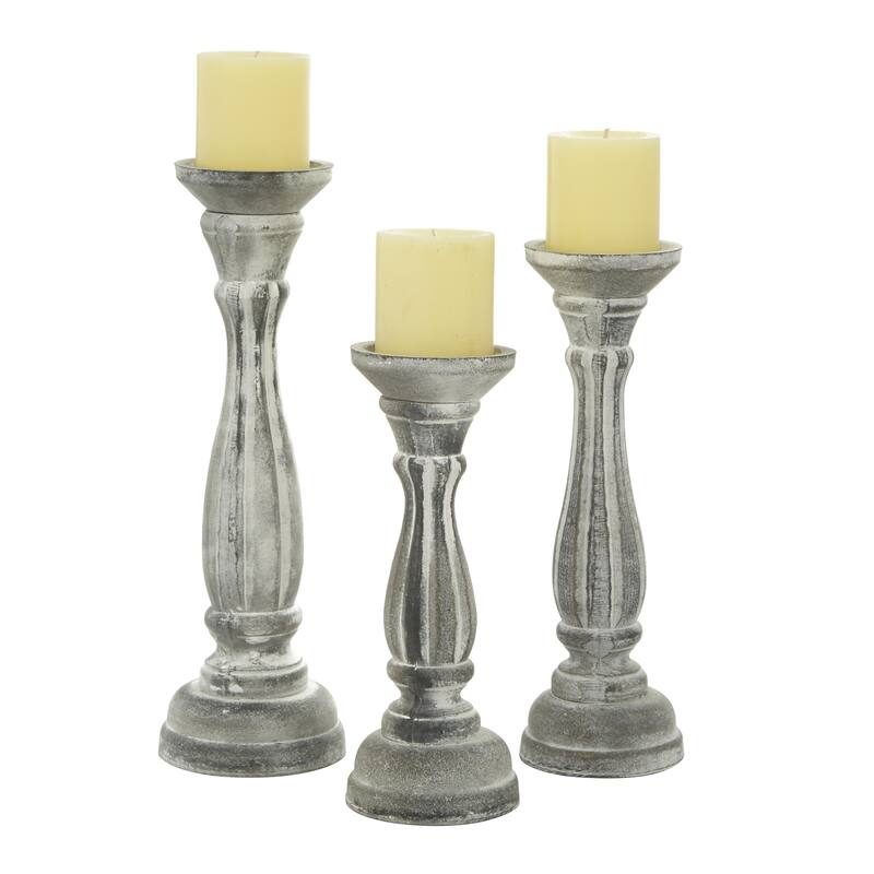 Gray, Green, Brown or Blue Wooden Distressed Turned Decorative Candle Holder (Set of 3)
