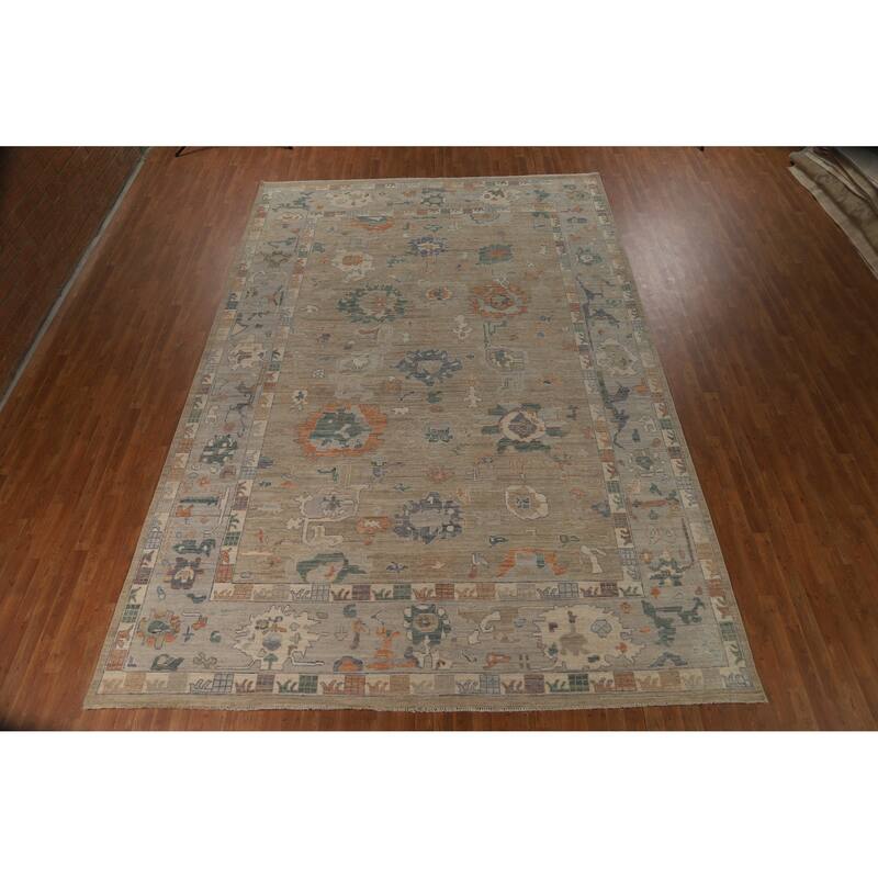 Vegetable Dye Oushak Turkish Large Rug Hand-Knotted Floral Wool Carpet - 9'11"x 14'8"