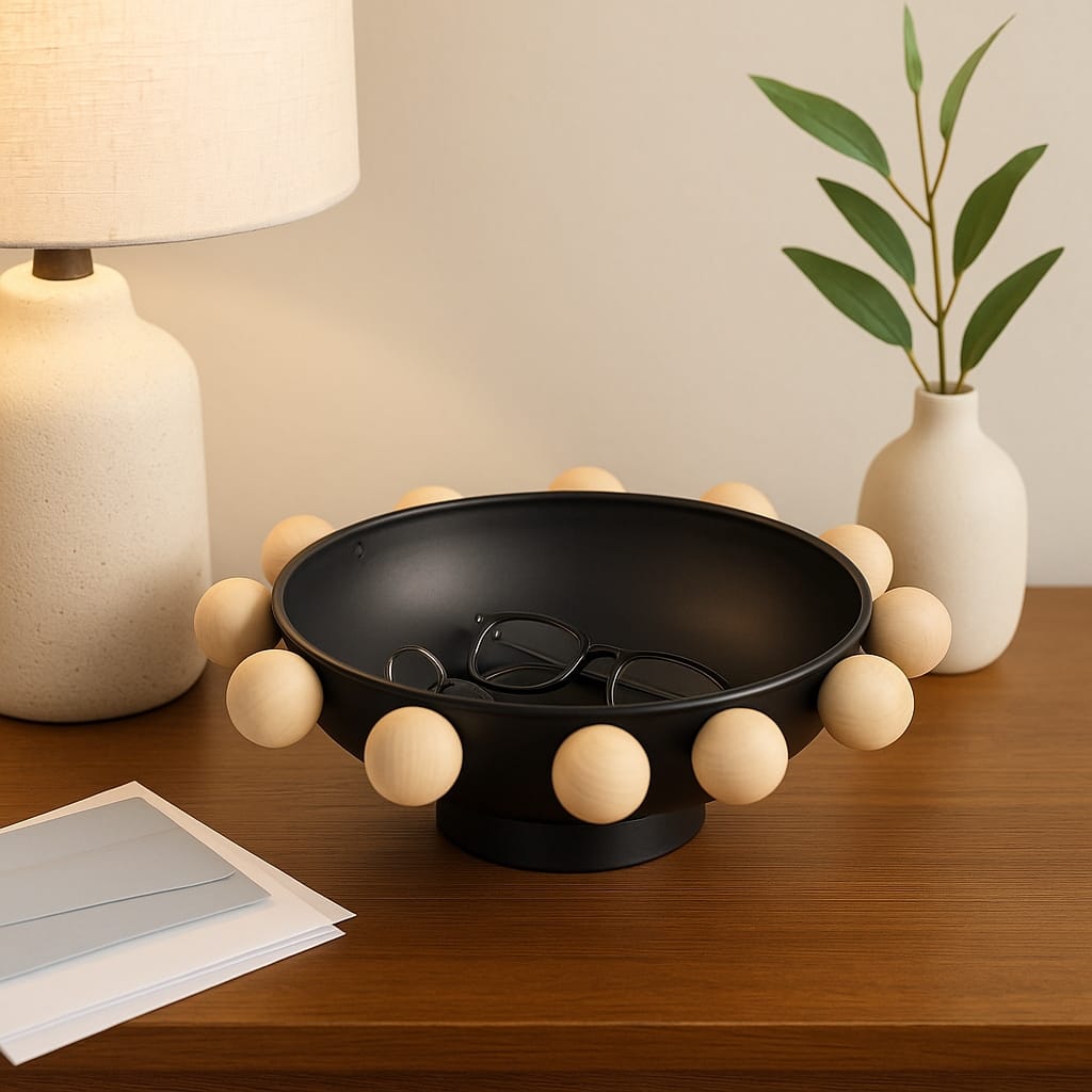 Wood and Metal Decorative Bowl with Fir Sphere Accents - 13" - 13.0"