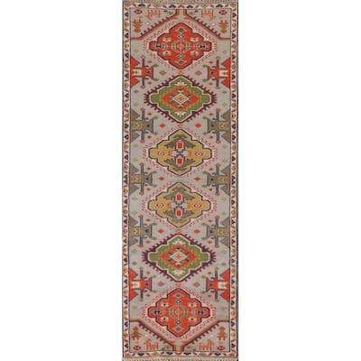 Geometric Green Kazak Indian Runner Rug Handmade Wool Carpet - 2'7"x 9'1"