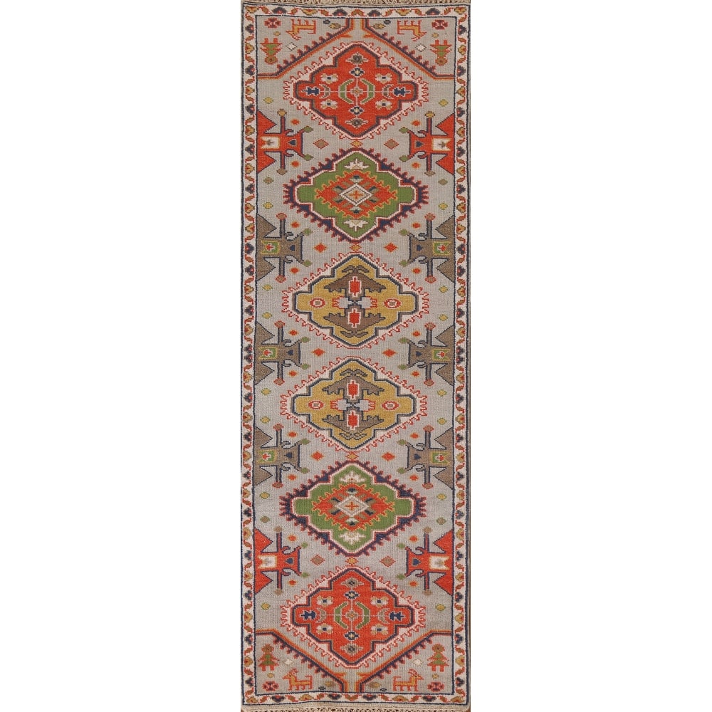 Geometric Green Kazak Indian Runner Rug Handmade Wool Carpet - 2'7"x 9'1"