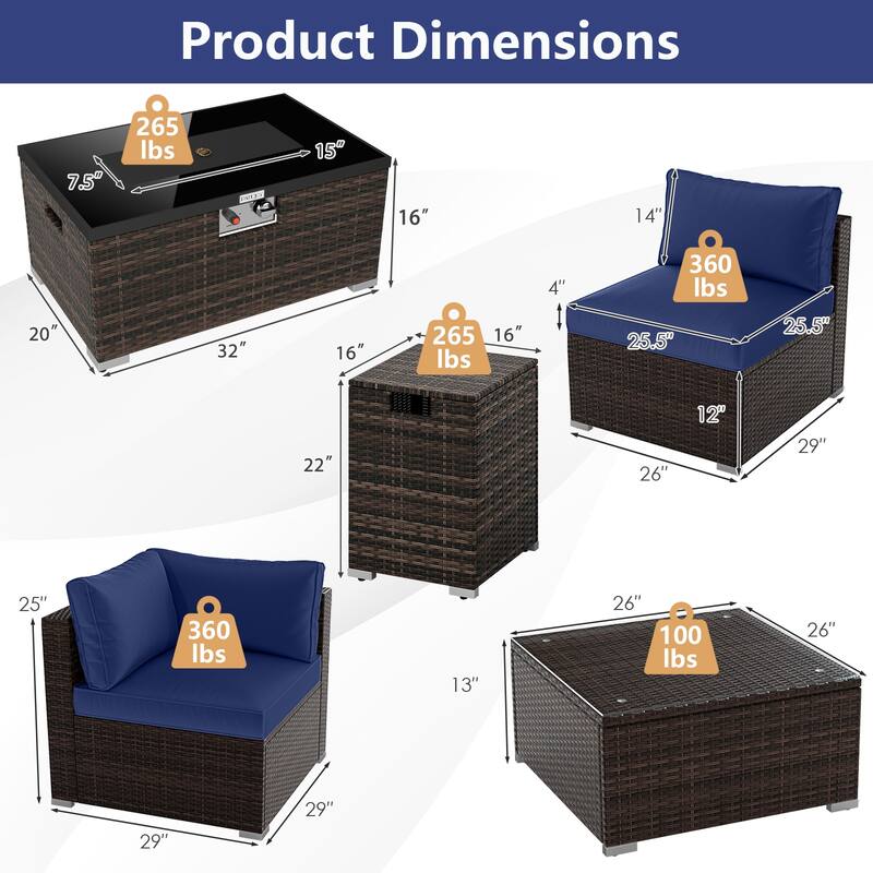 Gymax 7 PCS Patio Furniture Set 40000 BTU Gas Fire Pit Table Propane