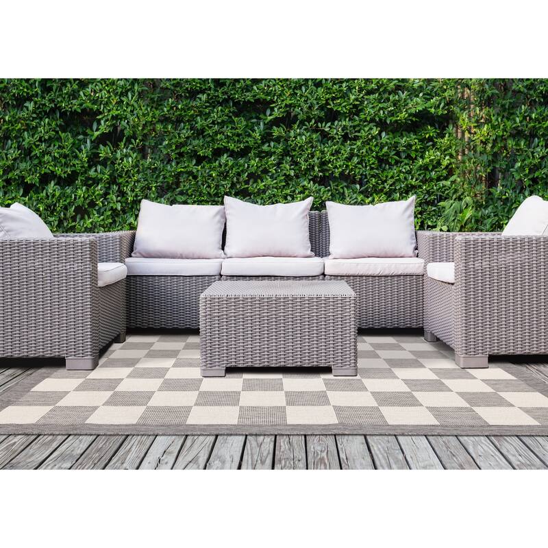 Jackson Collection - Grey Cream Border Checkerboard Indoor Outdoor Area Rug
