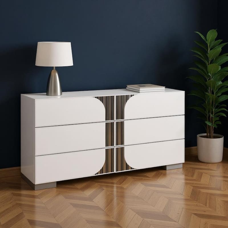 HomeRoots 64" White Wood With Silver And Black Mirrored Accents Six Drawer Double Dresser - White/Silver/Black - 6-drawer