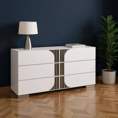 HomeRoots 64" White Wood With Silver And Black Mirrored Accents Six Drawer Double Dresser