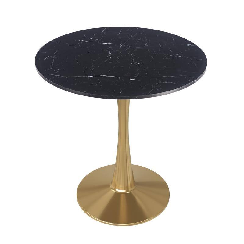 Bristol Minimalist Modern Round Dining Table with Solid Wood Top and Accent Gold Stainless Steel Base for Home or Kitchen - Marbled Black - 31 Inches