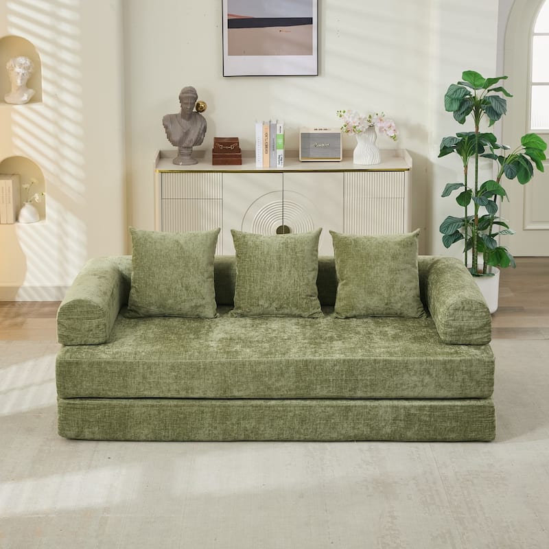Chenille Floor Sofa Bed - Foldable Mattress Couch with Armrests, Convertible Lounge Chair for Living Room, Bedroom or Studio