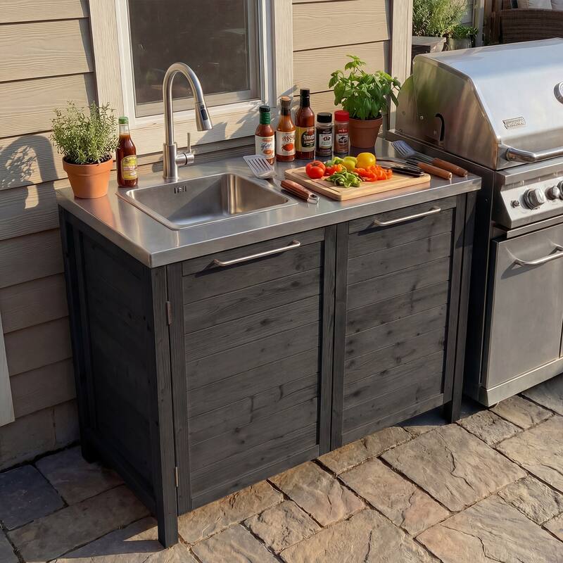 Modular Outdoor Kitchen Island Set, 100% Solid Wood BBQ Cabinet , Patio Kitchen Bar Table - 51.2"w/sink(Black Wood)