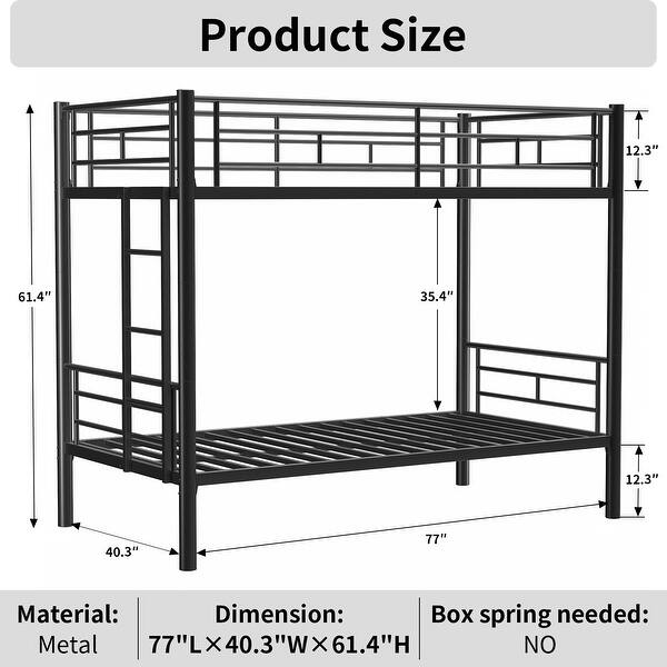 Black Twin over Twin Metal Bunk Bed with Ladder and High Guardrail